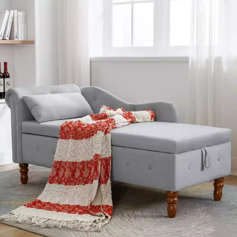 Velvet Chaise Longue with Storage, Pillow and Nailhead Accents