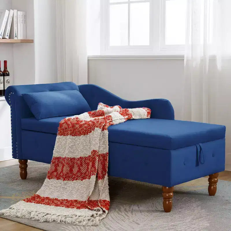 Velvet Chaise Longue with Storage, Pillow and Nailhead Accents