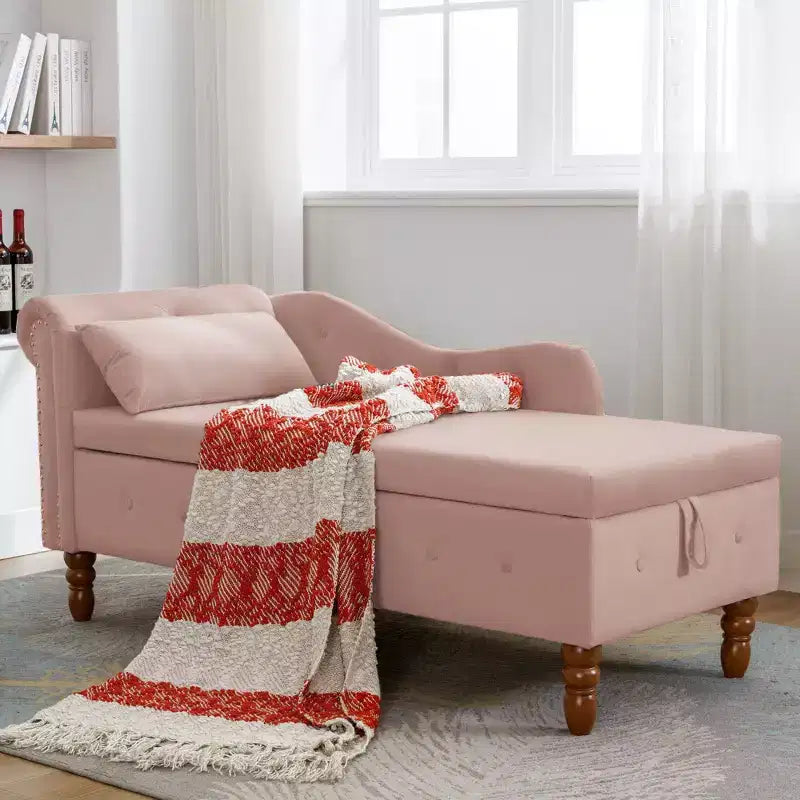 Velvet Chaise Longue with Storage, Pillow and Nailhead Accents