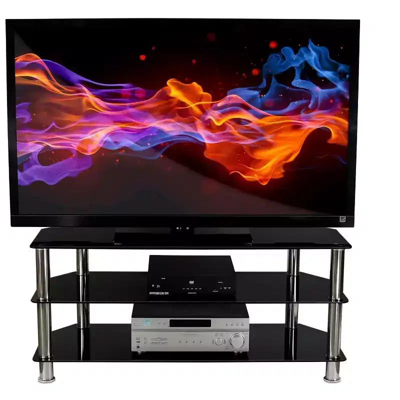 Glass TV Stand for Flat Screen TVs 40-60 Inch | Three Tempered Glass Shelves | Black